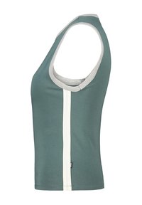 Sleeveless top in teal with a light gray ribbed neckline and a vertical white stripe pattern down the front. Made of soft, stretchy fabric.