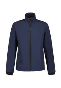 Marineblauwe jas van glad, lichtgewicht materiaal met een hoge kraag, een ritssluiting aan de voorkant en zwarte manchetten. Bevat zijzakken en een logo-label.