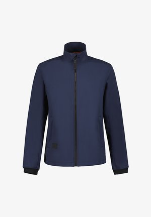 Marineblauwe jas van glad, lichtgewicht materiaal met een hoge kraag, een ritssluiting aan de voorkant en zwarte manchetten. Bevat zijzakken en een logo-label.