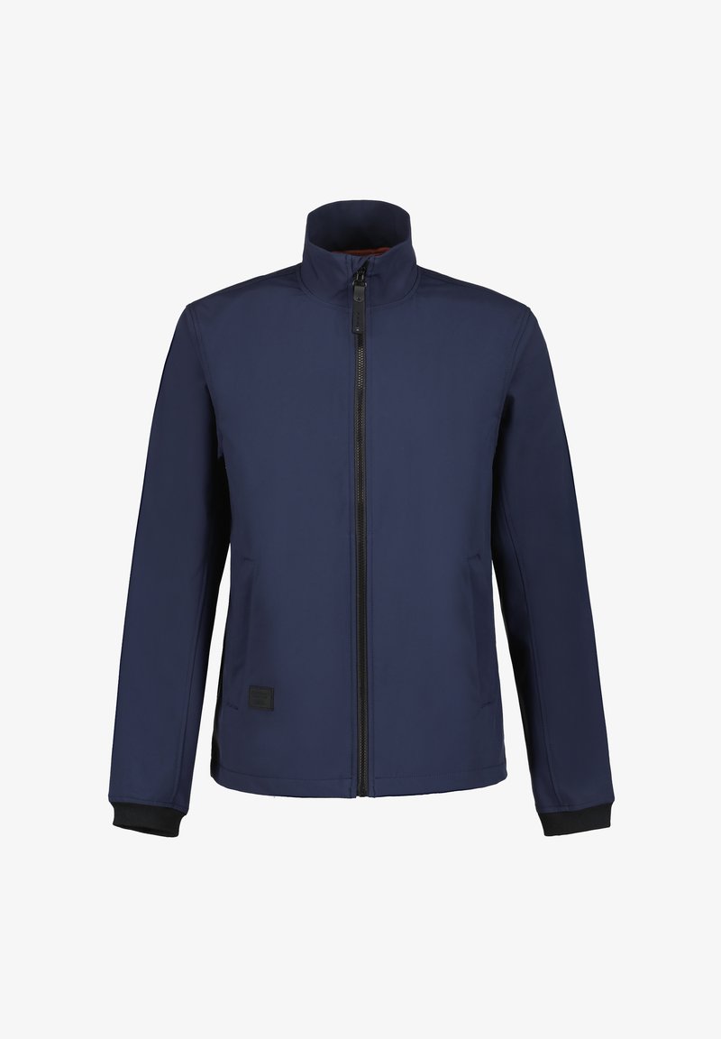 Navy blue jacket made of smooth, lightweight material with a high collar, front zipper, and black cuffs. Features side pockets and logo patch.