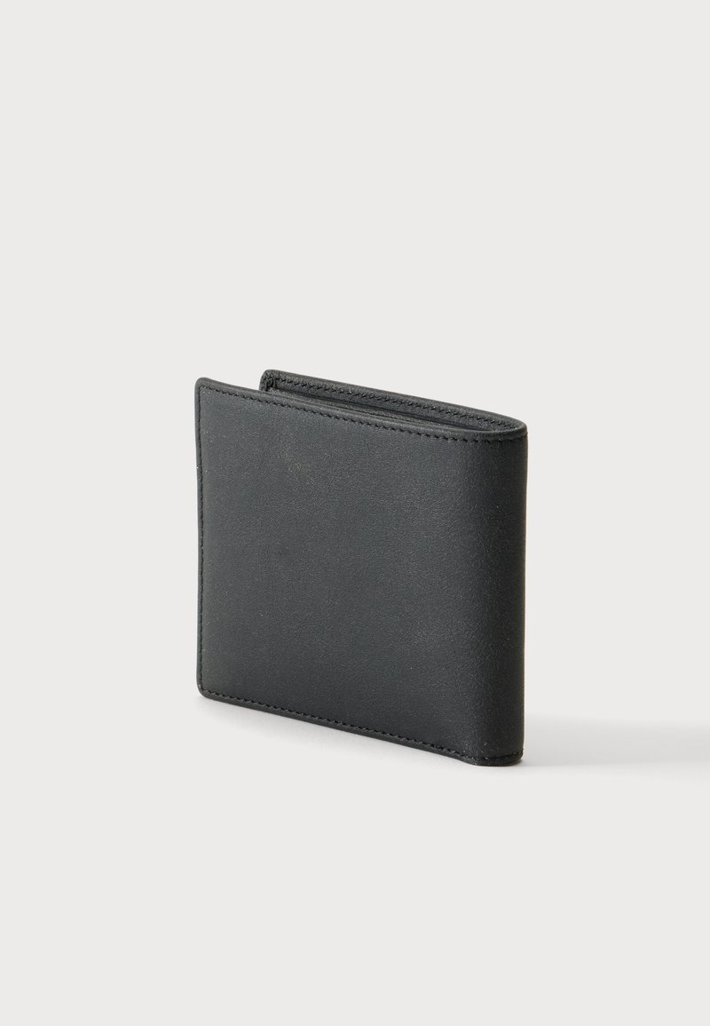 Black smooth leather bifold wallet standing closed on a plain light background with visible stitching along edges.