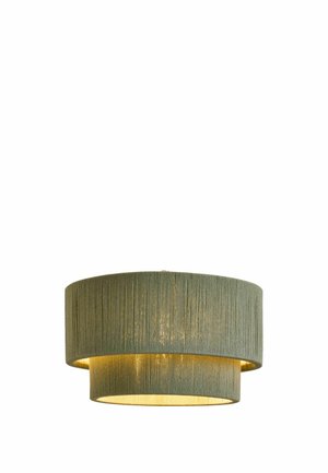Round double-layered fabric lampshade in muted green with warm light glowing from inside, suspended against a white background.