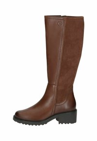 Bottes montantes en cuir brun et daim avec un bout rond, un talon bloc et une semelle en caoutchouc texturé. Présente des détails de couture et un emblème de marque.