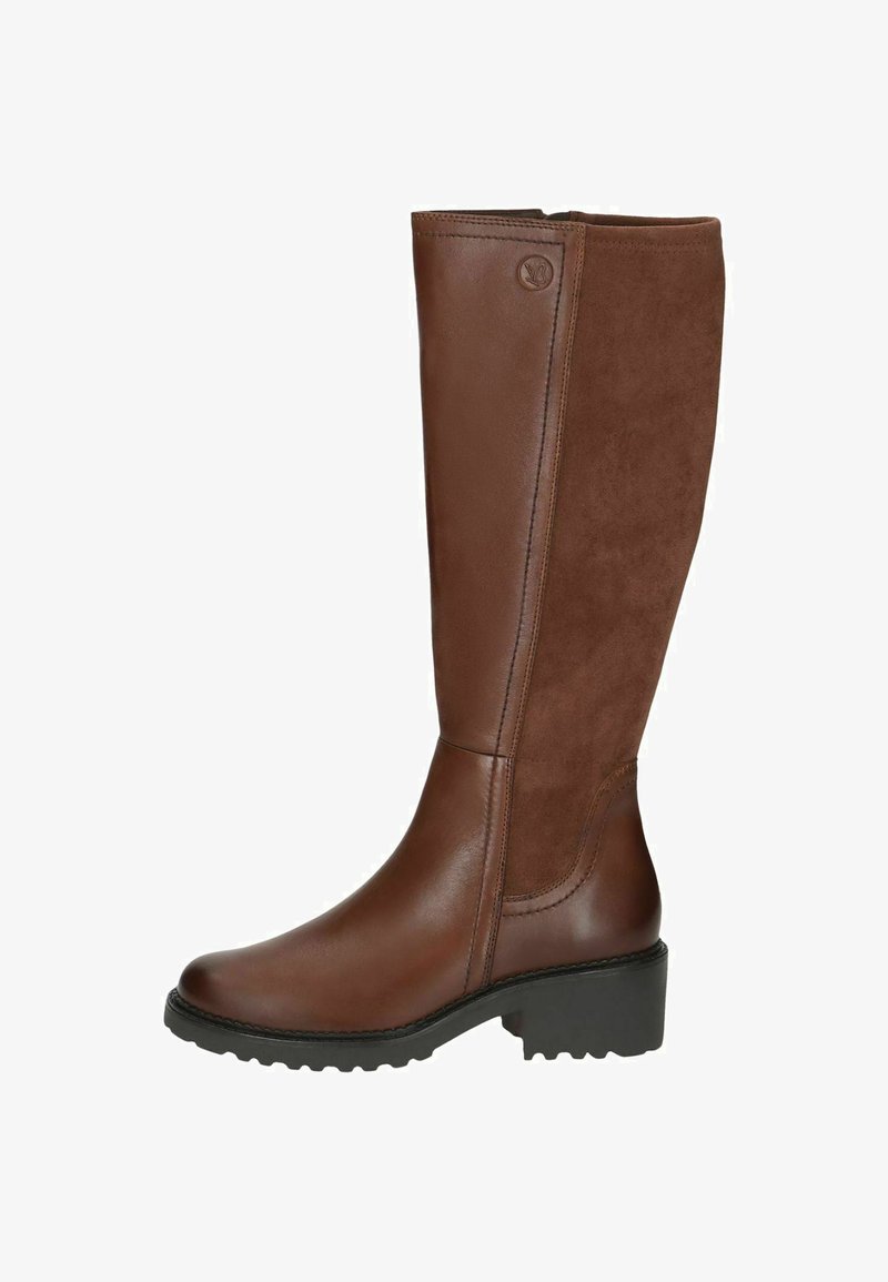 Hnědé kožené a semišové vysoké boty po kolena s kulatou špičkou, blokovým podpatkem a texturovanou gumovou podrážkou. Obsahují detaily šití a označení značky.