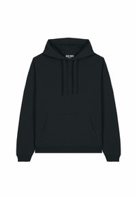 Haut à capuche noir avec poche kangourou, capuche avec cordon de serrage, manches longues, poignets et bas à côtes. Fabriqué en matériau en coton doux.