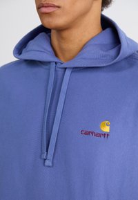 Light blue hoodie with a drawstring, featuring a small yellow and red embroidered logo on the left chest. Soft, textured fabric.