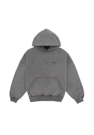 Sudadera con capucha gris, con un bolsillo frontal, dobladillo y puños acanalados. Textura suave con un logo minimalista en el pecho. Corte holgado.