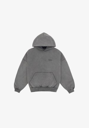 Gray hooded sweatshirt with a front pocket, ribbed hem, and cuffs. Soft texture with a minimal logo on the chest. Loose fit.