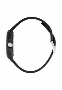 Bracelet de montre en caoutchouc noir avec un boîtier en acier inoxydable rectangulaire. Présente un design minimaliste et une couronne en argent ronde pour les réglages.