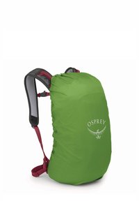 Zaino impermeabile verde con spallacci regolabili, con logo e una superficie liscia. Leggero, progettato per l'uso all'aperto.