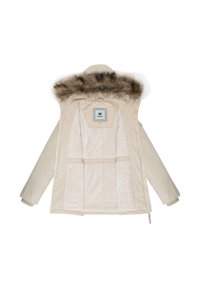 Veste isolante beige avec capuche en fourrure, dotée d'une doublure intérieure douce et de plusieurs poches intérieures, conçue pour la chaleur et le confort.