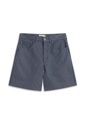 Marineblauwe korte broek met witte verticale krijtstrepen, voorste knoop en ritssluiting, lussen voor een riem, en twee voorzakken.