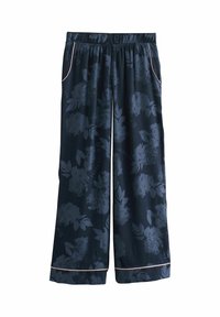 Navy wide-leg pants with a floral pattern, elastic waistband, side pockets, and light pink piping at the hem. Made of smooth fabric.