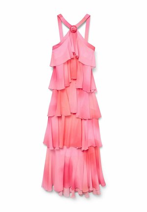 Rózsaszín, réteges ruha fodros anyagból, hátsó rózsa részlettel, vékony pántokkal és lágyan hullámzó szegéllyel. A színátmenet világosabb rózsaszínbe megy át.