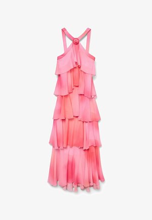 Rózsaszín, réteges ruha fodros anyagból, hátsó rózsa részlettel, vékony pántokkal és lágyan hullámzó szegéllyel. A színátmenet világosabb rózsaszínbe megy át.