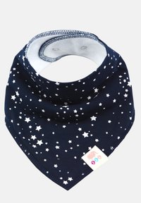 Bavaglino in cotone blu scuro con motivo di stelle bianche, con chiusura a snap e una piccola etichetta nell'angolo inferiore.