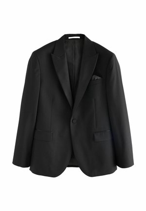Schwarzer formeller Blazer mit satiniertem Schalkragen, einem einreihigen Knopfverschluss, zwei Fronttaschen und einer Brusttasche, die mit einem Einstecktuch ausgestattet ist.