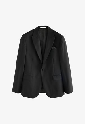 Sort formel blazer med satin sjal krave, enkelt knap lukning, to frontlommer og en brystlomme med en lommeklud.