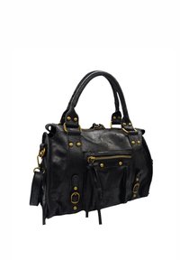 Sac à main en cuir noir avec matériel doré, poches zippées et accents cloutés. Dispose de deux poignées et d'une bandoulière réglable.