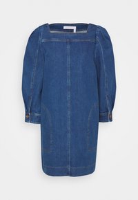 Vestito in denim con scollatura quadrata, maniche a palloncino e due tasche frontali. Presenta cuciture leggere e bottoni sui polsini delle maniche.