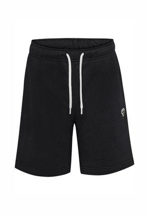 Schwarze Freizeithose mit elastischem Bund, weißem Kordelzug und kleinem weißem Herzlogo am linken Oberschenkel.