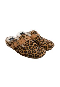 Zuecos de estampado de leopardo hechos de un material suave, con una correa marrón y una hebilla, además de un forro de felpa para mayor comodidad. Diseño de puntera redondeada.