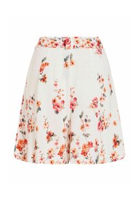 Short blanc taille haute avec un motif floral dans des nuances d'orange, de rose et de rouge, avec une ceinture en tissu assortie à la taille.