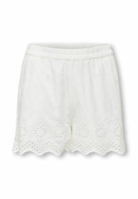 Witte shorts van lichtgewicht stof met een gegolfde zoom, versierd met bloemenborduursel langs de onderste rand. Elastische tailleband zichtbaar.