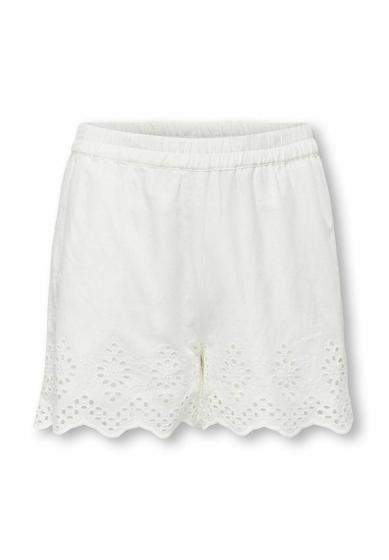 Witte shorts van lichtgewicht stof met een gegolfde zoom, versierd met bloemenborduursel langs de onderste rand. Elastische tailleband zichtbaar.