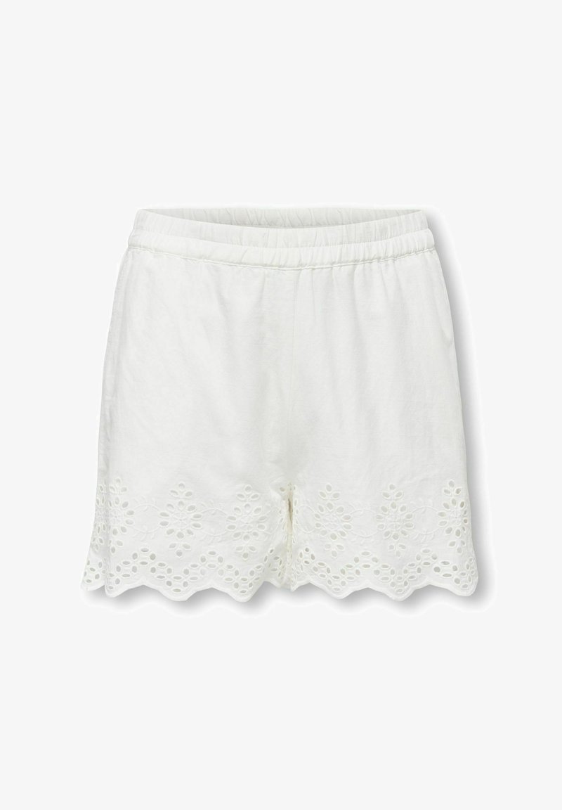 Witte shorts van lichtgewicht stof met een gegolfde zoom, versierd met bloemenborduursel langs de onderste rand. Elastische tailleband zichtbaar.