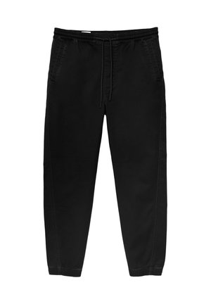 Fekete, rugalmas derékpántos nadrág, zsinóros megkötéssel, tapered lábakkal, oldalsó zsebekkel és diszkrét oldalsó varrási részletekkel. Puha pamut anyagtextúra.