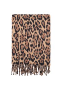 Sciarpa con stampa leopardata realizzata in tessuto morbido, caratterizzata da una base di colore beige con macchie marroni scure e bordi frangiati per un tocco di texture in più.