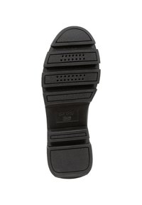 Suola di scarpa in gomma nera con molteplici scanalature per il battistrada, fori di drenaggio e sezioni testurizzate. Presenta un tacco arrotondato e il logo del marchio.