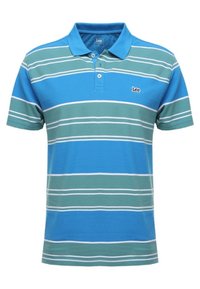 Pikétröja i blå och gröna ränder, tillverkad av bomull, med krage och en liten broderad logotyp på bröstet.