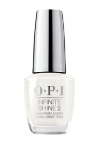 Vernis à ongles blanc dans un flacon en verre transparent avec un capuchon argenté élégant. Présente une marque imprimée et des détails sur le produit à l'avant.