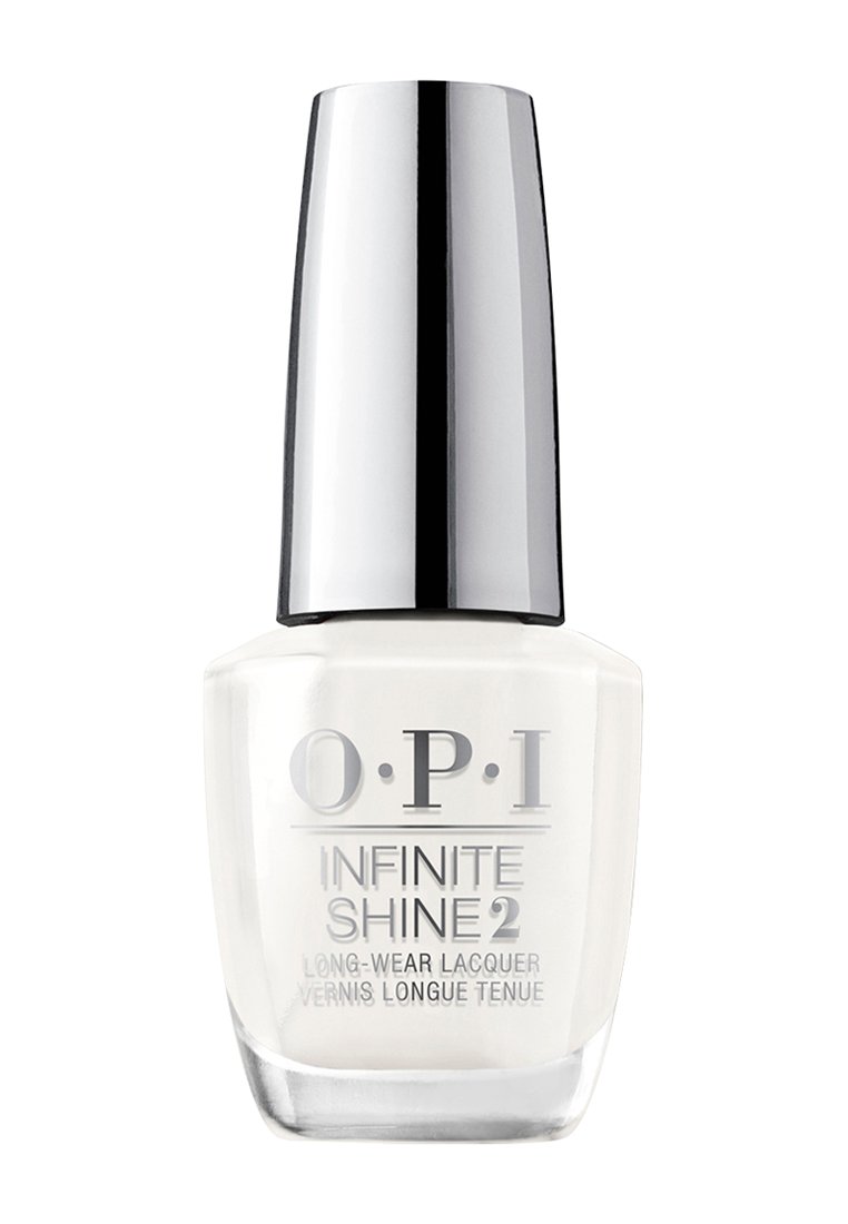 Vernis à ongles blanc dans un flacon en verre transparent avec un capuchon argenté élégant. Présente une marque imprimée et des détails sur le produit à l'avant.