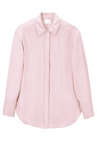 Světle růžová košile s dlouhým rukávem, klasickým límcem, zapínáním na knoflíky vpředu a jemným, hladkým povrchem. Zakřivený lem v pase.