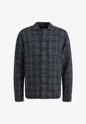 Navy checkered shirt with a textured weave, featuring a button-down front, long sleeves, chest pocket, and a collar.
