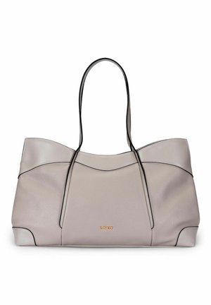 Sac cabas en cuir gris clair avec deux fines bretelles et une petite plaque logo dorée au centre à l'avant.