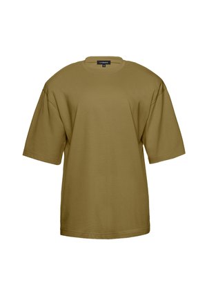 Olivovo zelené oversized bavlnené tričko s krátkymi rukávmi, okrúhlym výstrihom a priamej spodnej hranou. Má minimalistický dizajn bez vzorov.