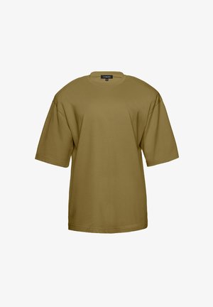 Olivově zelené oversized bavlněné tričko s krátkými rukávy, kulatým výstřihem a rovnými lemy. Vyznačuje se minimalistickým designem bez vzorů.