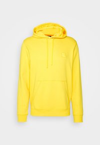 Sweat à capuche jaune vif avec poche kangourou sur le devant, capuche avec cordon, poignets côtelés et petit écusson logo sur le côté gauche de la poitrine.