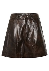 Brown leather shorts with a shiny texture, featuring sharp pleats, a high waist, and belt loops. The fabric exhibits a smooth finish.