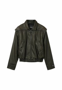 Green faux leather jacket with a collared neckline, front zipper, and elastic waistband. Features stitched detailing and snap buttons on cuffs.
