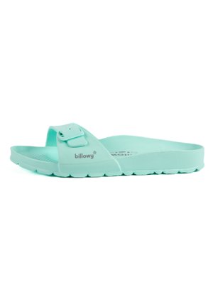 Sandale de glisse aquamarine en caoutchouc souple, dotée d'une large sangle avec boucles et d'un semelle texturée, ainsi qu'une semelle durable et flexible.