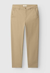 Bézs színű, hétköznapi nadrágok elülső zsebekkel, övhurkokkal, gombos zárral és egyenes szárú szabással.