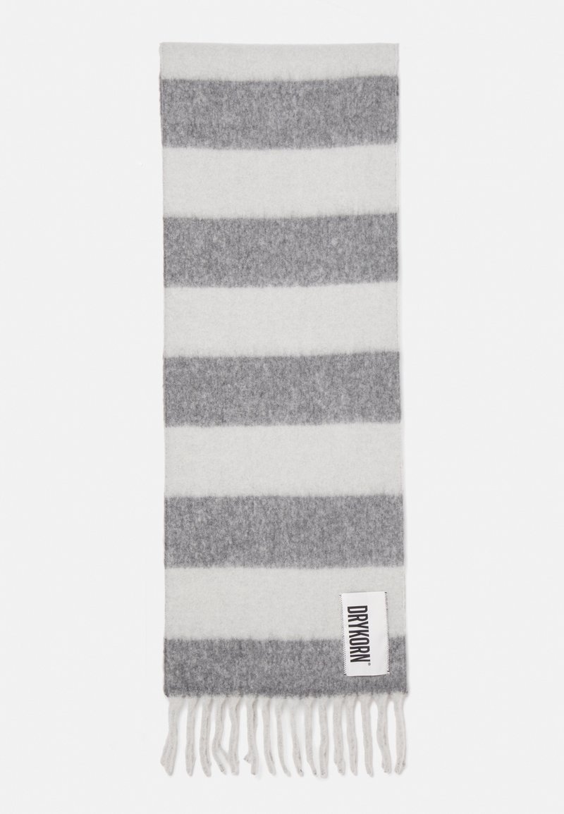Gray and white striped scarf made from soft material, featuring fringed ends and a brand label at the edge. Rectangular shape.