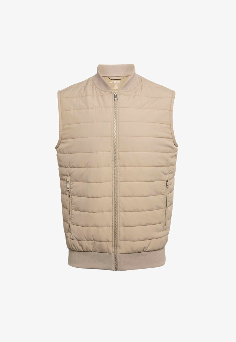 Beige wattierte ärmellose Weste mit durchgehendem Reißverschluss, Seitentaschen sowie einem gerippten Strickkragen und Saum. Glatte Stofftextur.