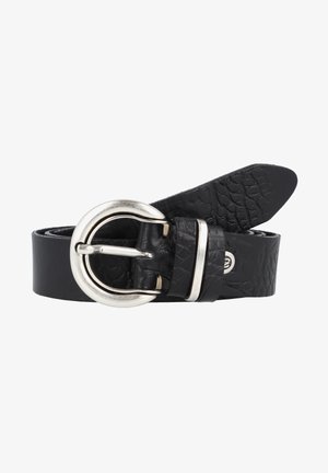 Ceinture en cuir noir texturé avec une boucle métallique argentée arrondie, une boucle et un logo de marque visible sur la sangle.