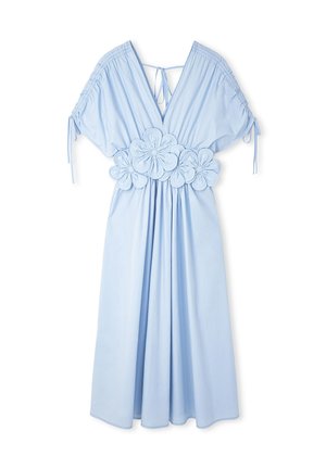 Light blue dress with short puff sleeves, V-neck, and floral fabric appliqué at the waist. Made from a soft, flowing material.